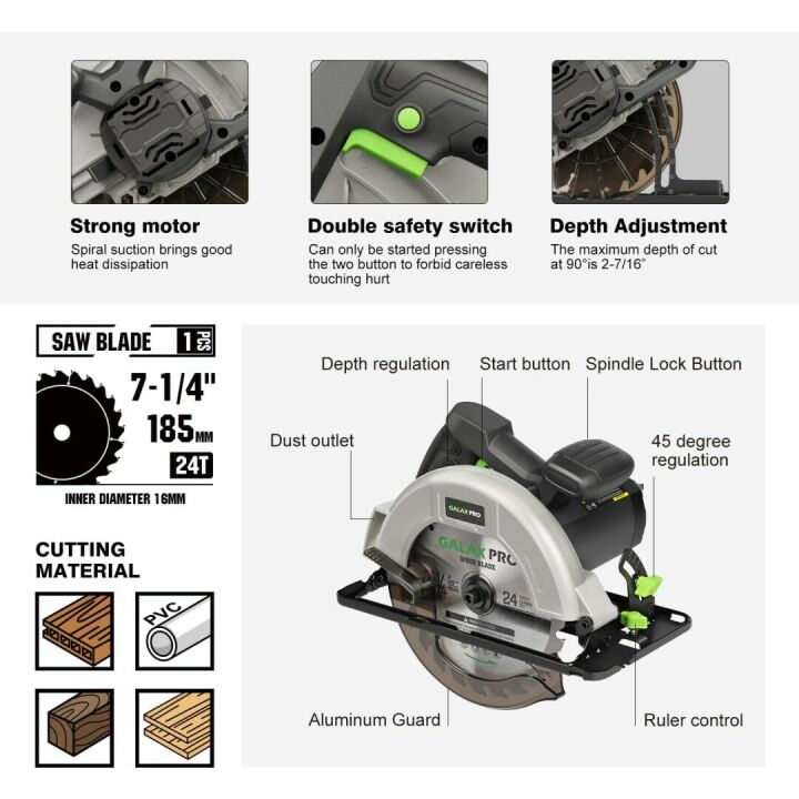 GALAX PRO 11 Amp Power Circular Saw, 6000RPM Corded Circular Saw with Adjustable Cutting Depth 2-7/16" (90°) to 1-13/16" (45°), 7-1/4 Inch Carpentry Saw Blade, Ideal for Wood, Plastic Cuts