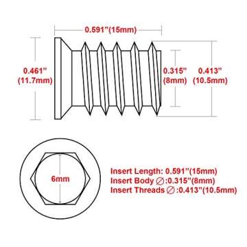 40Pcs Anwenk 1/4"-20 x 15mm Furniture Screw in Nut Threaded Wood Inserts Bolt Fastener Connector Hex Socket Drive for Wood Furniture Assortment (with Hex Spanner)