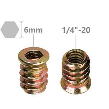 40Pcs Anwenk 1/4"-20 x 15mm Furniture Screw in Nut Threaded Wood Inserts Bolt Fastener Connector Hex Socket Drive for Wood Furniture Assortment (with Hex Spanner)