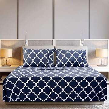 Utopia Bedding Queen Sheet Set, Soft Microfiber 4 Piece Bed Sheets with 15" Deep Pocket - Easy Care Brushed Microfiber (Quatrefoil - Navy)