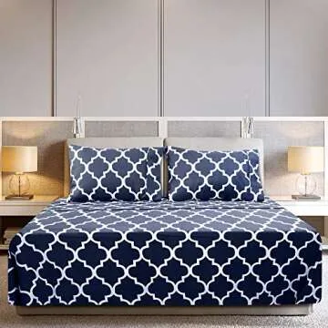 Utopia Bedding Queen Sheet Set, Soft Microfiber 4 Piece Bed Sheets with 15" Deep Pocket - Easy Care Brushed Microfiber (Quatrefoil - Navy)