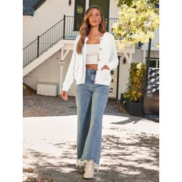 LILLUSORY Women's Cable Knit Cardigan Sweaters 2024 Fall Trendy Open Front Button Up Tweed Blazer Jackets Ladies Chunky Oversized Coat Coatigan Old Money Clothes Cute Outfits White M