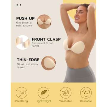 Niidor Sticky Bra Strapless Bra Push up Invisible Breathable Self Adhesive Bra for Backless Dress with Nipple Covers