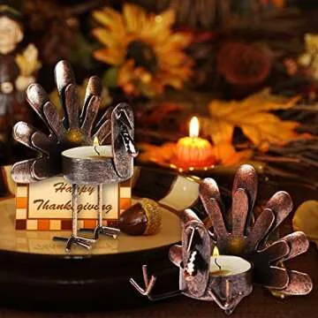 MorTime 12 Pack Turkey Tealight Candle Holders, Bronze Finished Metal Tea Light Candleholders, Thanksgiving Sitting Standing Turkey Holders Set for Table Kitchen Thanksgiving Decorations
