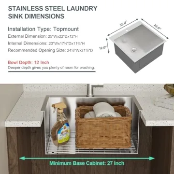 Lordear 25x22 Drop-in Laundry Sink - Stainless Steel Elegance
