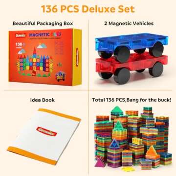 Gemmicc Magnetic Tiles, Deluxe 136 PCS Building Blocks Magnet Toys for Kids,3D Magnet Puzzles Stacking Blocks for Boys Girls,Huge Set with 2 Cars