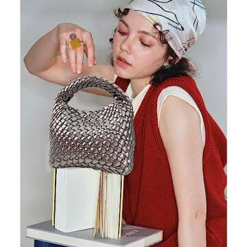 JINMANXUE Fashion Handbag For Women, Woven Tote Bag Bucket Composite Bag Knitting Chain Bag, Crossbody Shoulder Bag Purses (Silver gray)