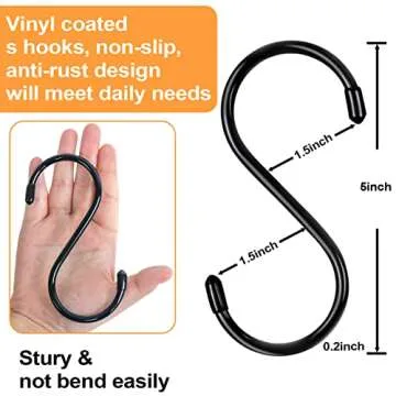 HiGift 24 Pack 5 Inch Large S Hooks for Hanging Plants, Black Vinyl Coated S Hooks, Non Slip Heavy D...