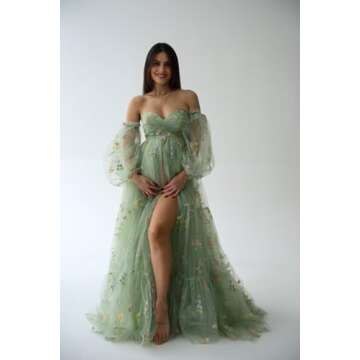 Wchecalino Flower Embroidery Tulle Maternity Dresses for Photoshoot Ruffles 2025 Puffy Sleeve Long R...