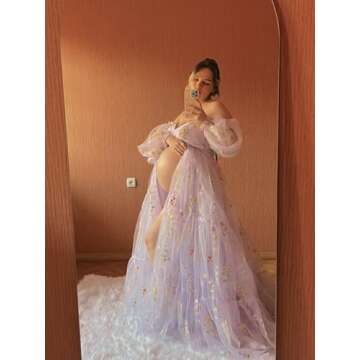 Wchecalino Flower Embroidery Maternity Robe for Photoshoots