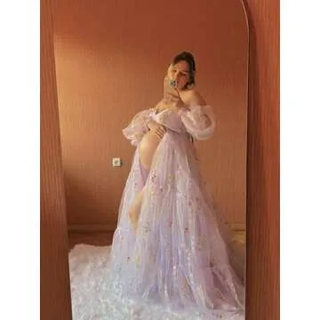 Wchecalino Flower Embroidery Maternity Robe for Photoshoots