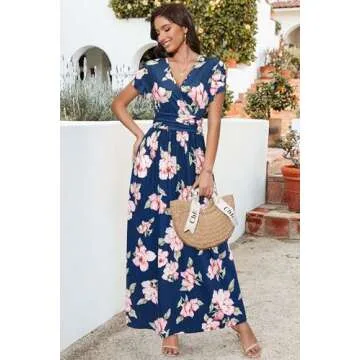 OUGES Summer Maternity Maxi Dress Wrap V Neck Baby Shower Pregnancy Dresses for Photoshoot(Floral-13, Large)