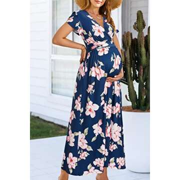 OUGES Summer Maternity Maxi Dress Wrap V Neck Baby Shower Pregnancy Dresses for Photoshoot(Floral-13, Large)