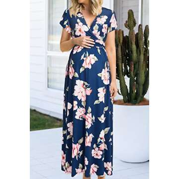 OUGES Summer Maternity Maxi Dress Wrap V Neck Baby Shower Pregnancy Dresses for Photoshoot(Floral-13, Large)