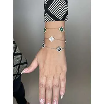 Lavari Jewelers Flower Bracelet for Women - Green Malachite & Cubic Zirconia in 925 Sterling Silver - Hypoallergenic Yellow Gold Plated - Adjustable Halo Clover Bracelet for Her - Lobster Claw Clasp