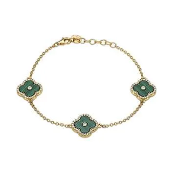 Lavari Jewelers Flower Bracelet for Women - Green Malachite & Cubic Zirconia in 925 Sterling Silver - Hypoallergenic Yellow Gold Plated - Adjustable Halo Clover Bracelet for Her - Lobster Claw Clasp