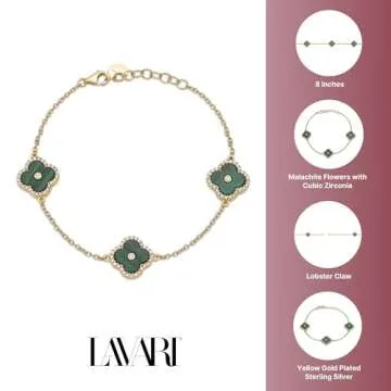 Lavari Jewelers Flower Bracelet for Women - Green Malachite & Cubic Zirconia in 925 Sterling Silver - Hypoallergenic Yellow Gold Plated - Adjustable Halo Clover Bracelet for Her - Lobster Claw Clasp