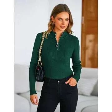 PRETTYGARDEN Fall Quarter Zip Pullover Sweaters for Women 2024 Long Sleeve Collared Fitted Ribbed Knit Tops(Dark Green,Medium)