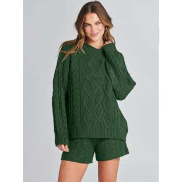 ANRABESS Women 2 Piece Outfits Sweater Lounge Loungewear Sets Fall Cable Knit Oversized Sweaters Short Pants Matching Sets deep green Small