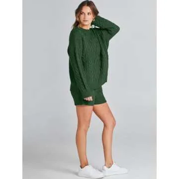 ANRABESS Women 2 Piece Outfits Sweater Lounge Loungewear Sets Fall Cable Knit Oversized Sweaters Short Pants Matching Sets deep green Small