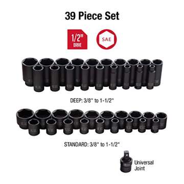 SUNEX TOOLS 2668, 1/2 Inch Drive Master Impact Socket Set, 39-Piece, SAE, 3/8" - 1-1/2", Standard/Deep, Cr-Mo Steel, Heavy Duty Storage Case, Includes Universal Joint
