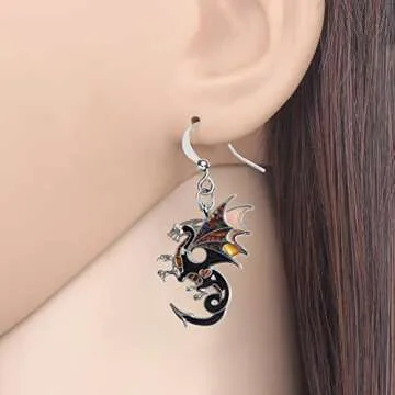 Enamel Alloy Dragon Earrings Fantasy Dinosaur Drop Dangle Fashion Jewelry For Women Charm Gift (Brow...