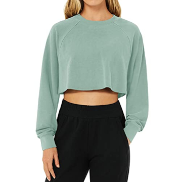 LASLULU Long Sleeve Crop Top Sexy Tops Crewneck Sweatshirt Casual Fall Clothes Workout Athletic Yoga Shirts for Women(Light Green Large)