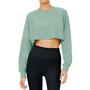 LASLULU Long Sleeve Crop Top Sexy Tops Crewneck Sweatshirt Casual Fall Clothes Workout Athletic Yoga Shirts for Women(Light Green Large)