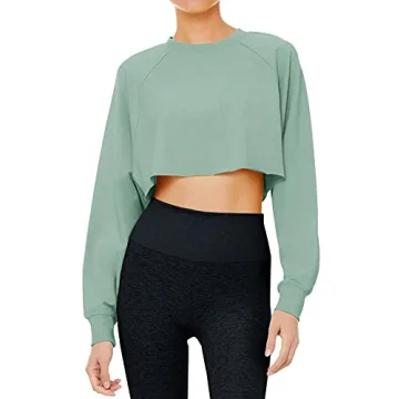 LASLULU Long Sleeve Crop Top Sexy Tops Crewneck Sweatshirt Casual Fall Clothes Workout Athletic Yoga Shirts for Women(Light Green Large)