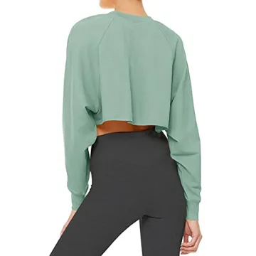 LASLULU Long Sleeve Crop Top Sexy Tops Crewneck Sweatshirt Casual Fall Clothes Workout Athletic Yoga Shirts for Women(Light Green Large)