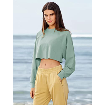 LASLULU Long Sleeve Crop Top Sexy Tops Crewneck Sweatshirt Casual Fall Clothes Workout Athletic Yoga Shirts for Women(Light Green Large)