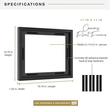 MCS Canvas Float Frames 11x14 Frame, Black Frame for Finished Canvases, Vertical & Horizontal Wall Hanging Large Frame with Adhesive for Canvas Paintings (1-Pack)