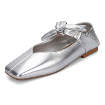 Yishaweiqi Bow Knot Ballet Flats Shoes for Women Bowtie Strap Ballerina Shoes Slip-on Square Toe Mary Jane Flats Silver