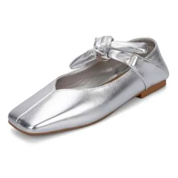 Yishaweiqi Bow Knot Ballet Flats Shoes for Women Bowtie Strap Ballerina Shoes Slip-on Square Toe Mary Jane Flats Silver