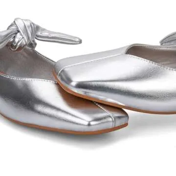 Yishaweiqi Bow Knot Ballet Flats Shoes for Women Bowtie Strap Ballerina Shoes Slip-on Square Toe Mary Jane Flats Silver