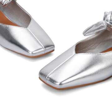Yishaweiqi Bow Knot Ballet Flats Shoes for Women Bowtie Strap Ballerina Shoes Slip-on Square Toe Mary Jane Flats Silver