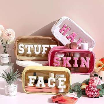 4 Pieces Chenille Letter Cosmetic Bag Set Nylon PVC Clear Waterproof Makeup Pouch Stuff Hair Travel ...