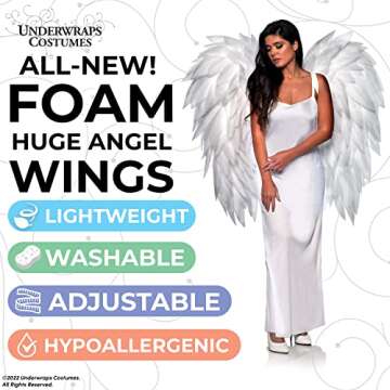 UNDERWRAPS Large Costume Foam Angel Wings - Adult Huge Foam Angel Wings Halloween Costume, 3 Feet Long Photoshoot Prop Dark Wings for Men & Women, (Angel Wings, White) (30639 OS)