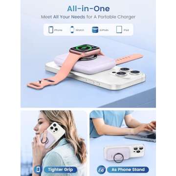 RORRY for Magsafe Portable Charger – Simultaneous Fast Charging Power Bank, 5000mAh, Purple with F...