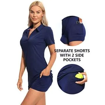 Hiverlay Golf Dresses for Women with Shorts and Pockets, V-Neck Short Sleeve Tennis Dress, Workout Athletic Dresses Navy Large