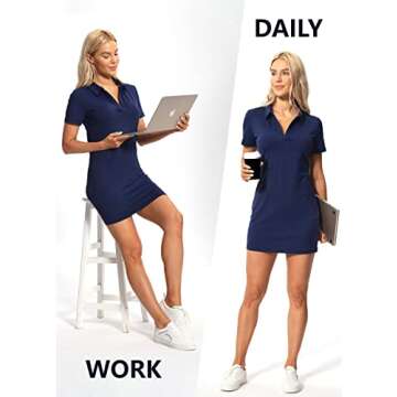 Hiverlay Golf Dresses for Women with Shorts and Pockets, V-Neck Short Sleeve Tennis Dress, Workout Athletic Dresses Navy Large