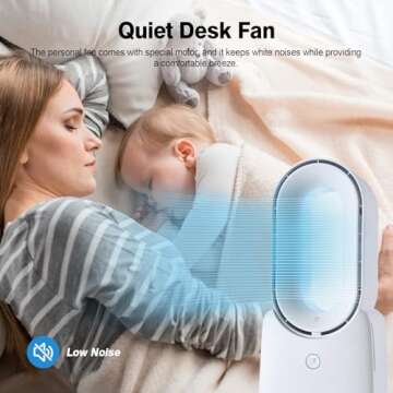 CONBOLA Desk Bladeless Fan, 11.8 inch Small Quiet Office Fan with 5 Colors LED Light, Touch Control, 3 Speed Adjustment, Small Personal Cooling Fan Usb Table Fan for Bedroom, Home, Office
