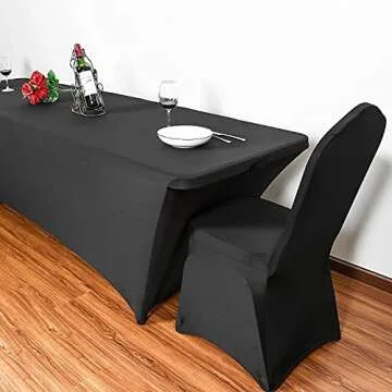 Obstal 8ft Stretch Spandex Table Cover for Standard Folding Tables - 2 Pack Universal Rectangular Fitted Tablecloth Protector for Wedding, Banquet and Party, Black