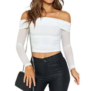 Remidoo Women's Sexy Off Shoulder Mesh Crop Top White