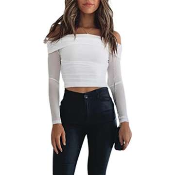 Remidoo Women's Sexy Off Shoulder Mesh Crop Top White