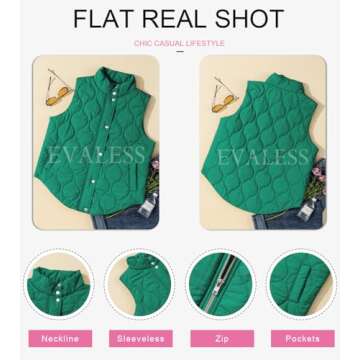 EVALESS Fall Spring 2025 Clothes for Women Cropped Puffer Vest Lightweight Quilted Stand Collar Sleeveless Jackets Warm Button Zip Up Coat Outerwear Gilet with Pockets Green Large