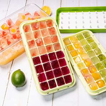 TEBLEI Ice Cube Tray with Lid and Bin, 96 Pcs Mini Ice Cube Trays with Scoop and Tongs, Ice Maker for Small Freezer, Kitchen Gadgets and Apartment Essentials, Easy-Release & Stackable