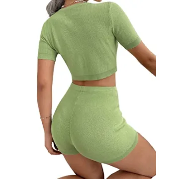 LilyCoco Women's Ribbed 2 Piece Outfits Short Sleeve Crop Top with High Waist Biker Shorts
