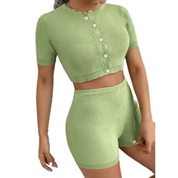 LilyCoco Women's Ribbed 2 Piece Outfits Short Sleeve Crop Top with High Waist Biker Shorts
