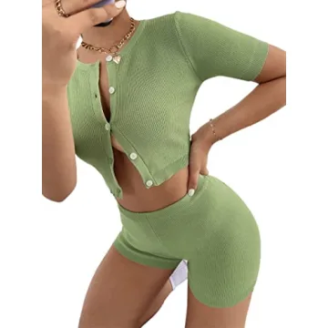 LilyCoco Women's Ribbed 2 Piece Outfits Short Sleeve Crop Top with High Waist Biker Shorts